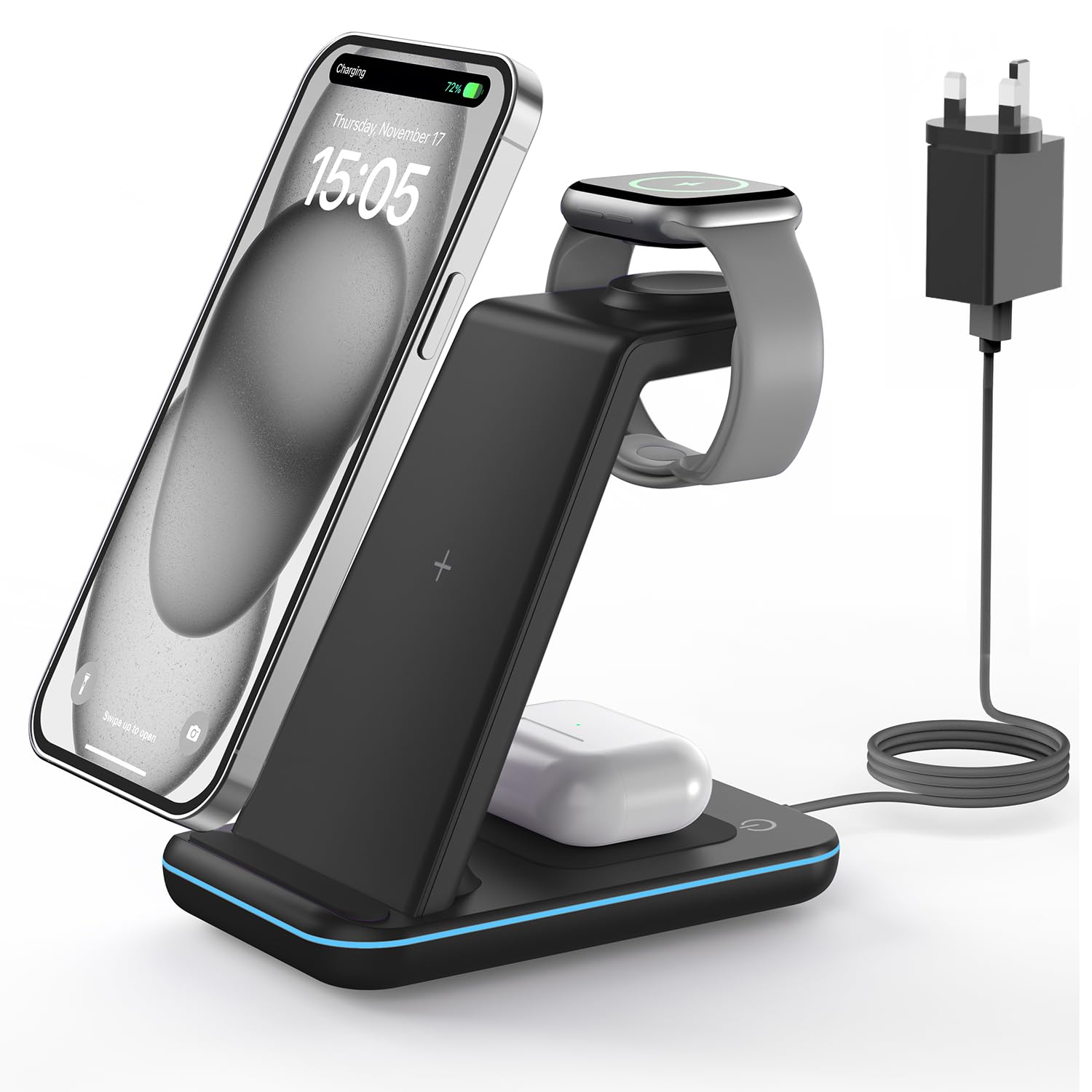 GEEKERA Wireless Charger, 3 in 1 Charging Station for iPhone 16/15/14/13/12/11/Pro Max/XS/XR/8, Charger Stand for Apple Watch 10/Ultra/9/8/7/6/5/4/3/2/SE, Docking Station for AirPods 4/Pro/3/2-Black