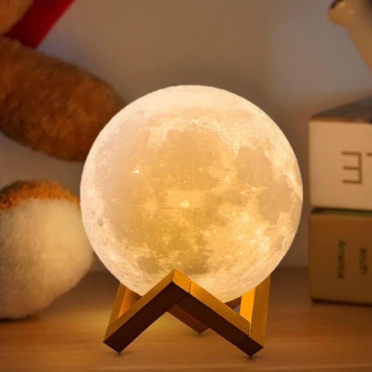 DERIKO 3D Moon Lamp 7 Colour 15 cm Changeable Sensor Moon Night Lamp for Bedroom, Touch Lamp, Moonlight Lamp with Stand, Valentine Gifts, Festival Gifts, Corporate Gifts, Wedding Gift (3D Moon)