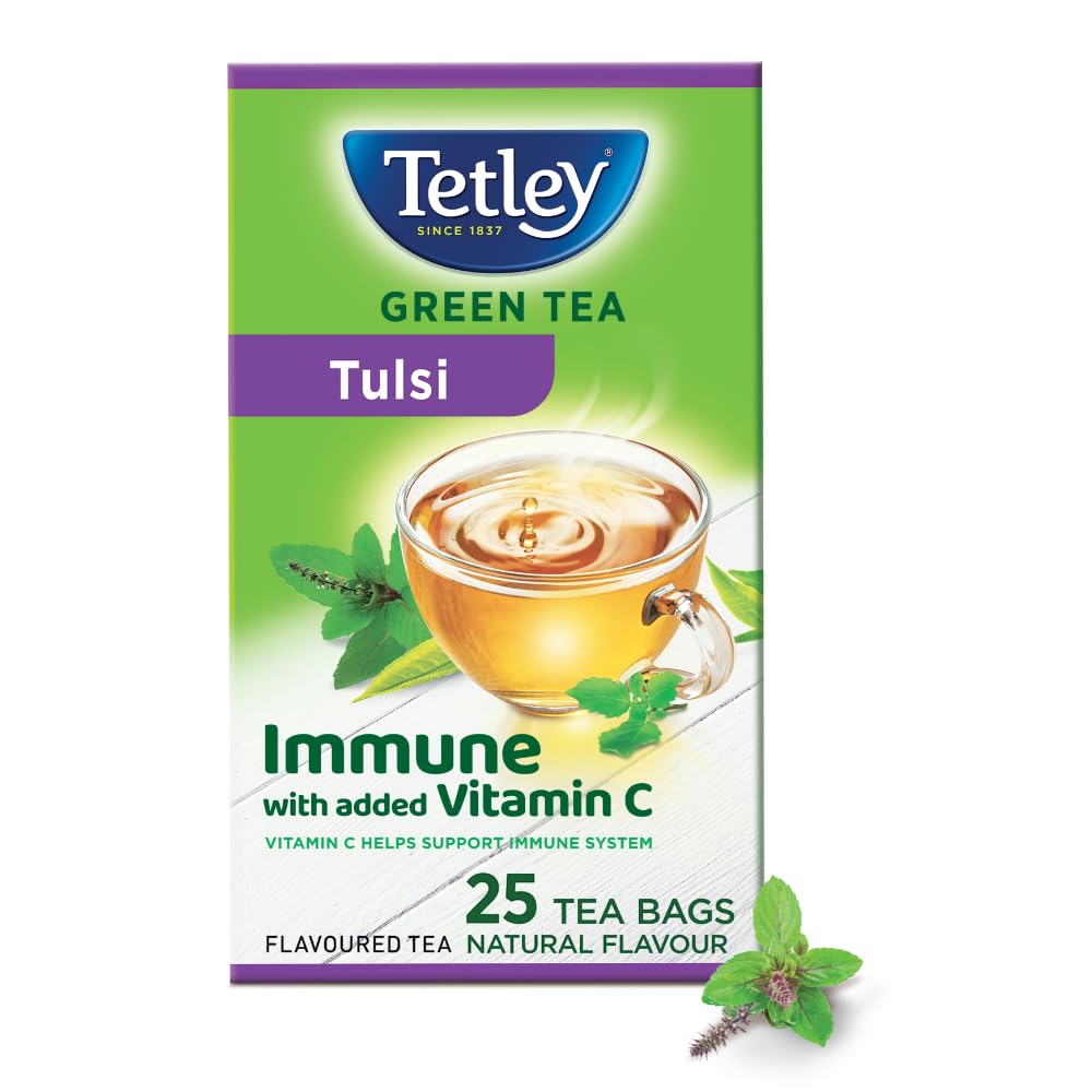 Tetley | Green Tea With Tulsi | Immune With Added Vitamin C | 25 Tea Bags, 30 Grams