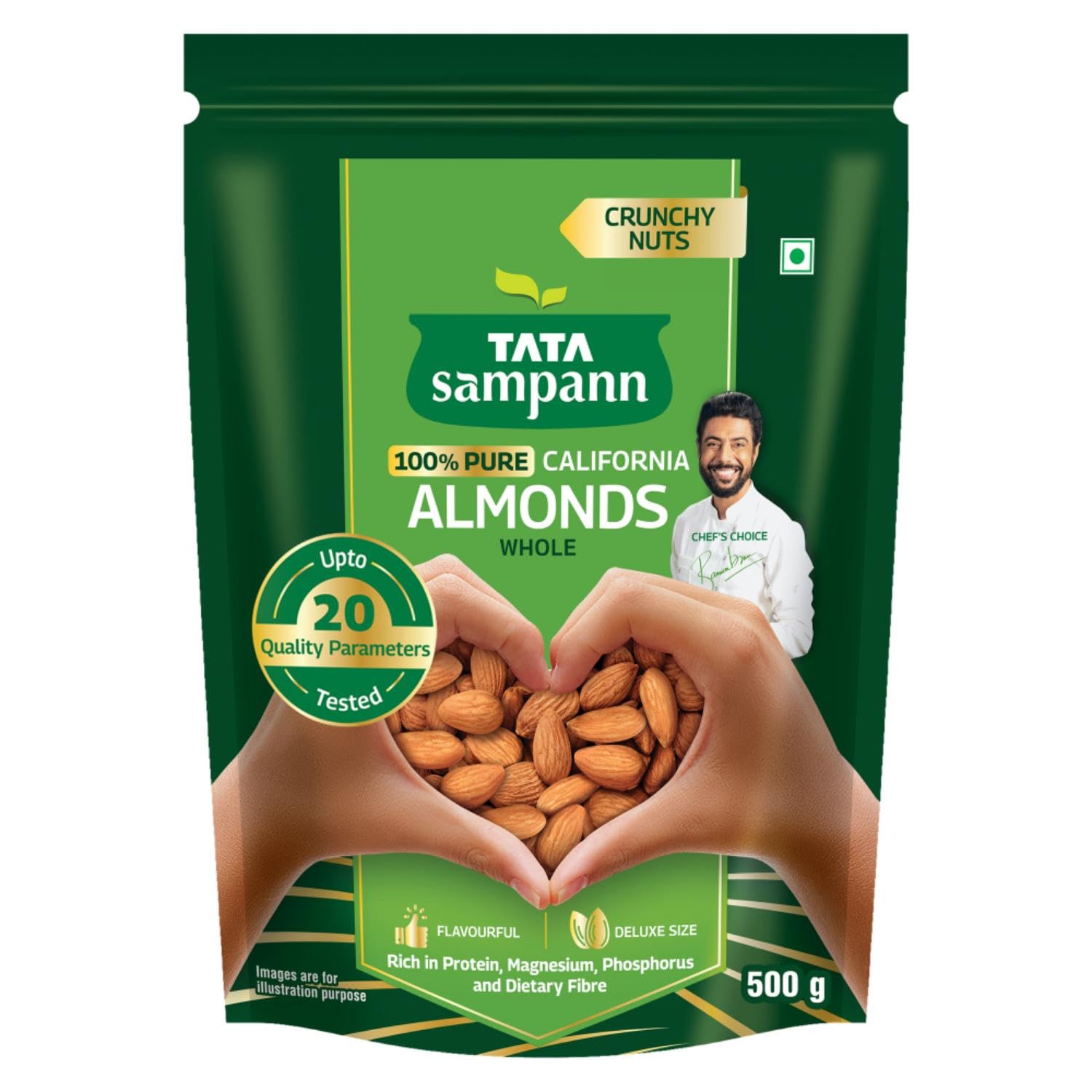 Tata Sampann Pure California Almonds/Badam Whole, 500g, Real Nuts, High in Fiber, Badam Giri, Rich in Protein, Magnesium, Phosphorus and Dietary Fibre, Nuts & Dry Fruits