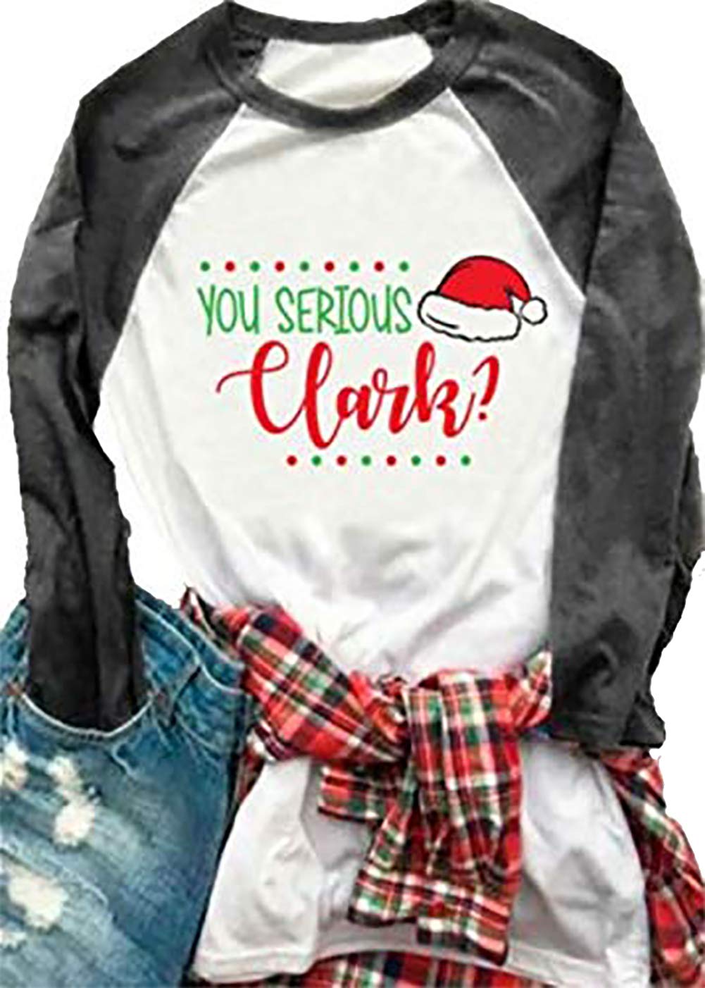 Christmas You Serious Clark Baseball T Shirt Women Cute Santa Hat Print 3/4 Raglan Sleeve Casual Tees Top