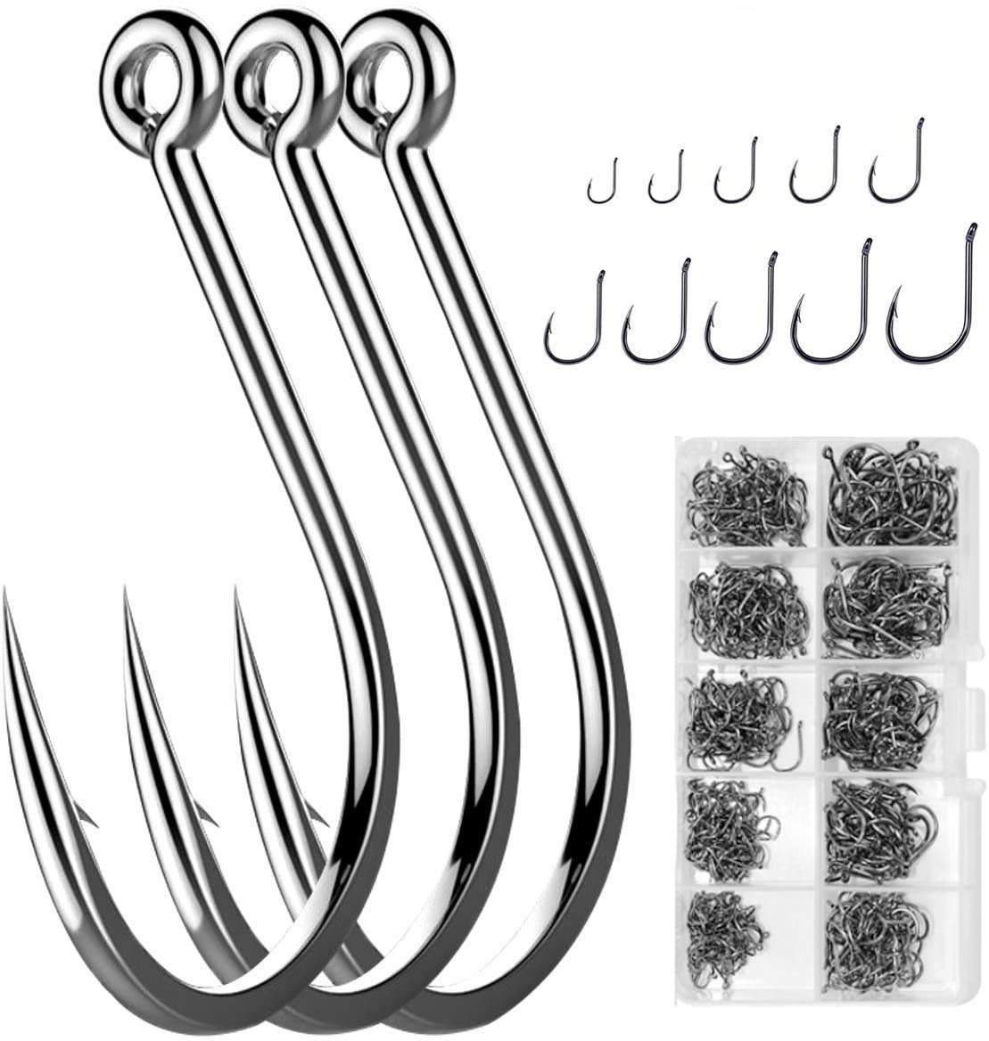 WEONE 500pcs Fishing Hooks,10 Sizes Carbon Steel Fishing Tackle Barbed Carp Fish Hooks with Plastic Box（Silver 3-12