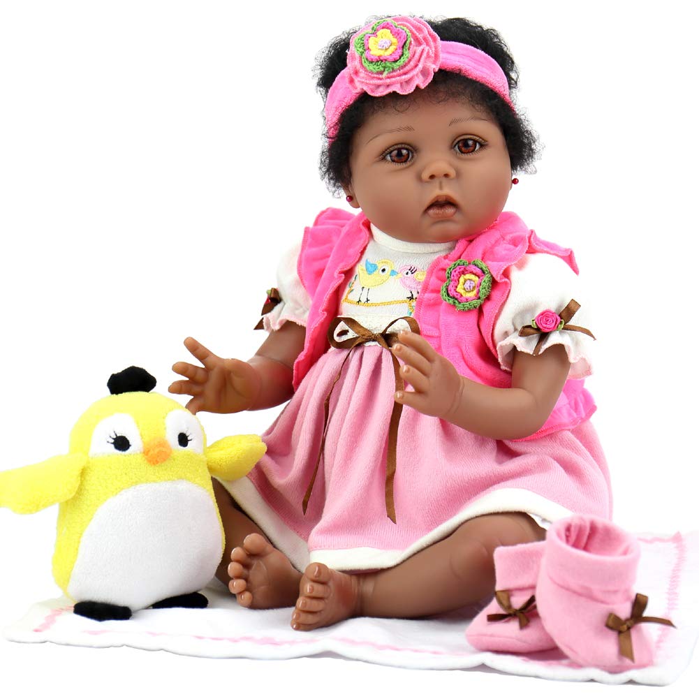 Aori Lifelike Reborn Baby Dolls with Soft Body African American Realistic Girl Doll 60cm Bird Gift Set for Girl Ages 3+