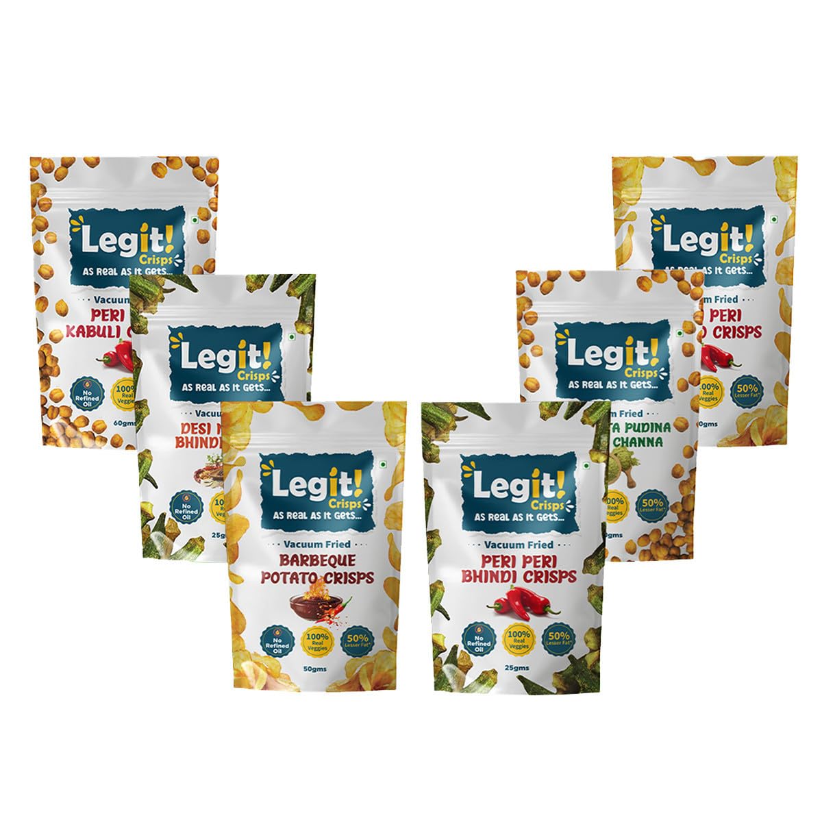 Legit Crisps All-In-One Combo | Peri Peri Peas, Chatpata Pudina Beetroot, Barbeque Pumpkin, Peri Peri Bhindi, Peri Peri Channa (Pack Of 5) | Nutrition Heathy Snacks | Vaccum Fried | Gluten Free Crisps