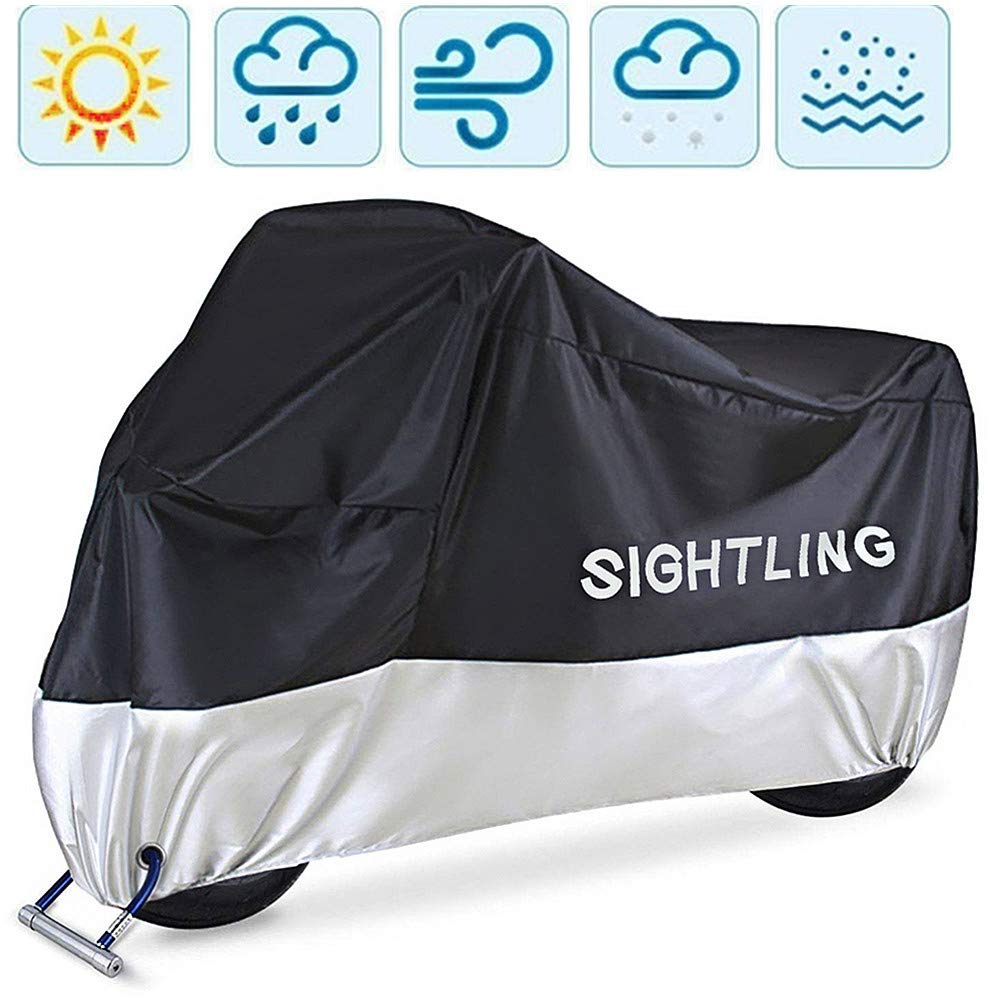 Motorcycle Cover, SIGHTLING All Season 210D Waterproof Motorbike Covers with Lock Holes, Fits up to 96.5" Motors, for Honda, Yamaha, Suzuki, Harley ,96.5 x 41x 50 inch