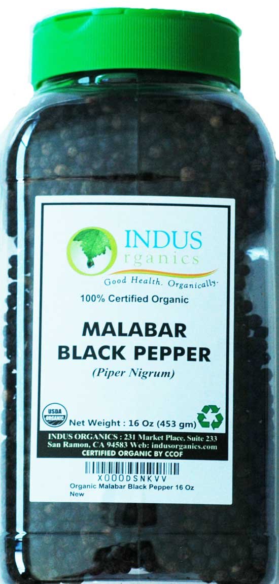 Indus OrganicsMalabar Black Peppercorns, 1 Lb Jar, Premium Grade, High Purity, Freshly Packed