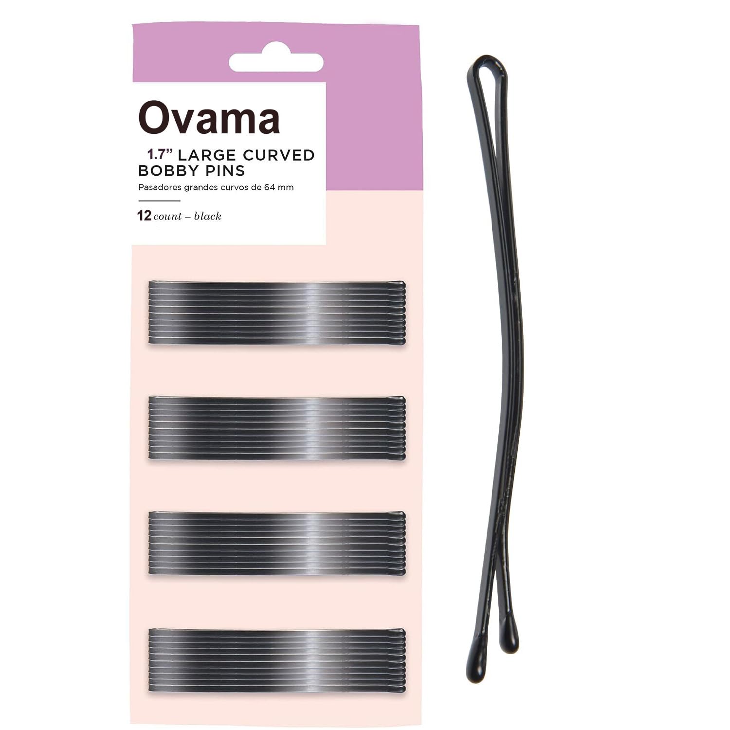 Ovama Curved Hair Bobby Pins for Women Bulk Pack of 12 Large 1.7” Bobby Pins Black, Curved Flat Design with Ball Tips, 12 Count