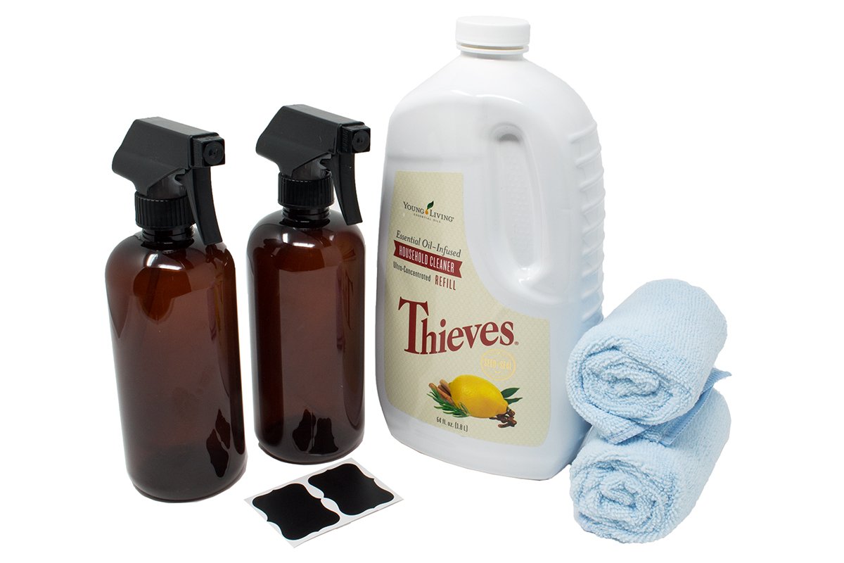 Thieves Cleaner Kit – Includes Young Living Thieves Cleaner 64 fl.oz, (2) Plastic Amber Spray Bottles 16oz (PET #1 – BPA Free) w/Reusable (2) Chalk Labels, and (2) Microfiber Cloths