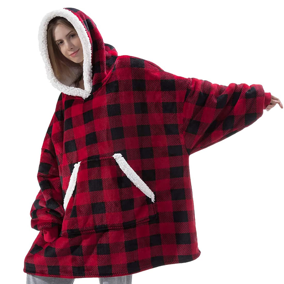 SHAINEWearable Blanket Hoodie Women, Sherpa Fleece Oversized Hoodie Blanket, Comfy Wearable Snuggle Blanket Sweatshirt with Giant Pockets, Warm Soft Hooded Blanket as Gifts for Her