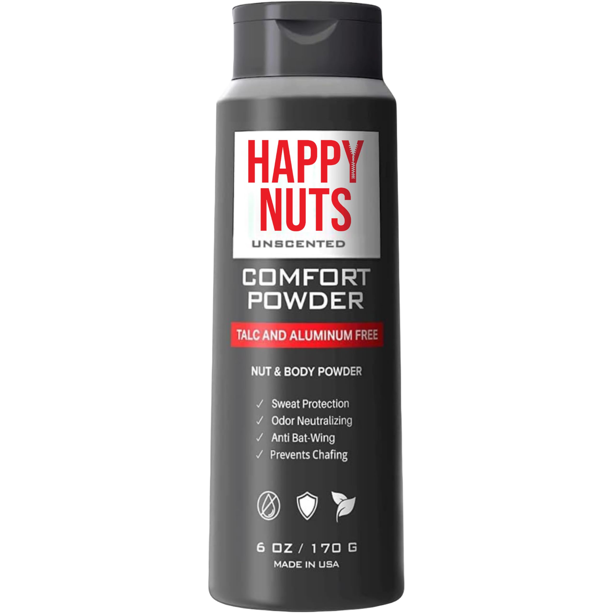 HAPPY NUTSComfort Powder - Anti-Chafing, Sweat Defense & Odor Control for the Groin, Feet, and Body - Body Powder for Men (Unscented, 6 oz)