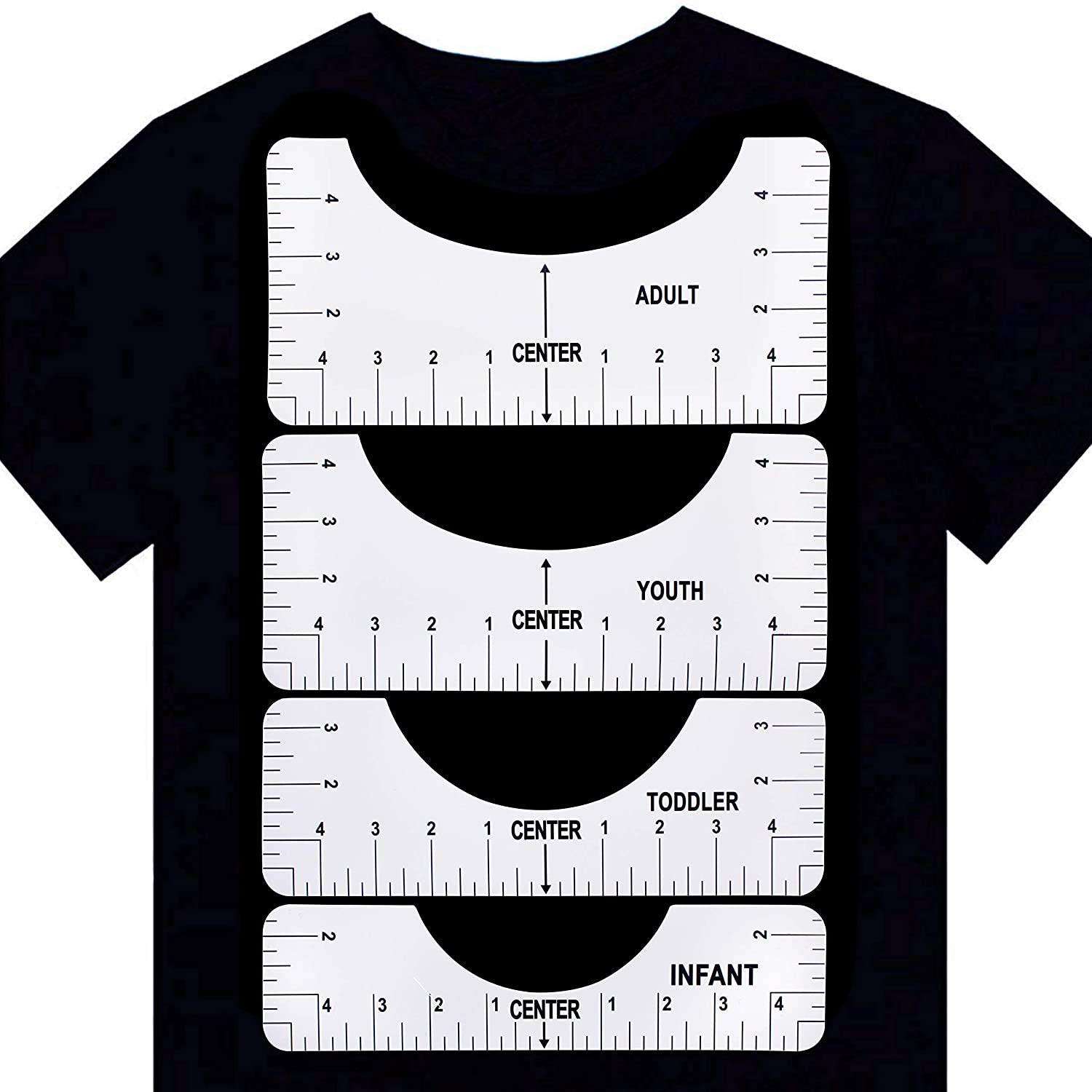 T-Shirt Ruler Guide, T-Shirt Alignment Tools with Clothing Size Chart, 4 Rulers Included, T-Shirt Centering Vinyl Guide for for HTV Heat Press Transfer and Sublimation Designs On Shirts