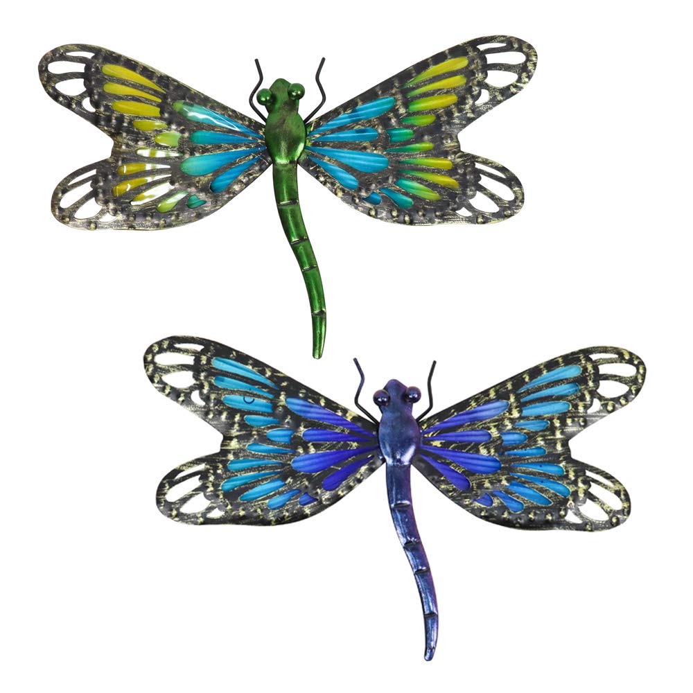 HONGLAND2Pcs Metal Dragonfly Wall Decor Outdoor Dragonfly Wall Art Glass Sculpture for Home Garden,Gradient Blue&Green