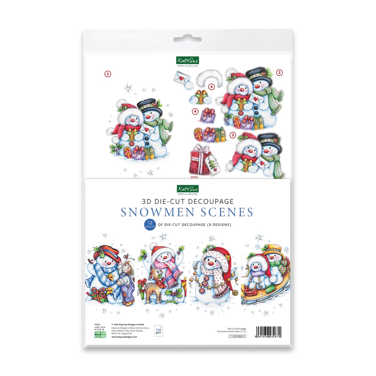 Katy Sue Snowmen Scenes Die-Cut Decoupage Pack. Contains 12 Pre-Cut Die Cut Sheets for Christmas Card Making Supplies & Scrapbooking Featuring Images of Snowmen, Card Toppers, & Sentiments