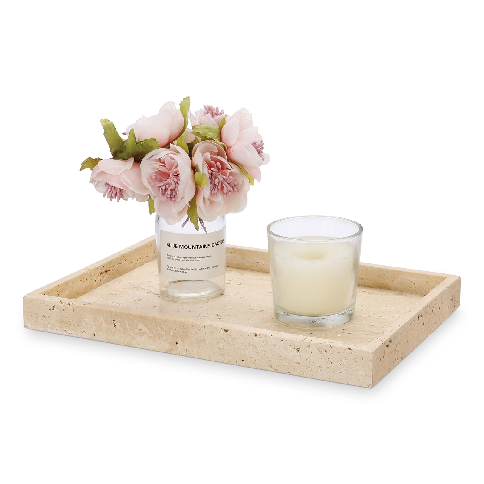 ELLDOONatural Beige Travertine Marble Vanity Tray for Perfume Jewelry Candles, Luxury Decorative Tray for Bathroom Dresser Nightstand, Serving Plate for Kitchen Bar Counter, Home Decor (11.8L x 7.8W)