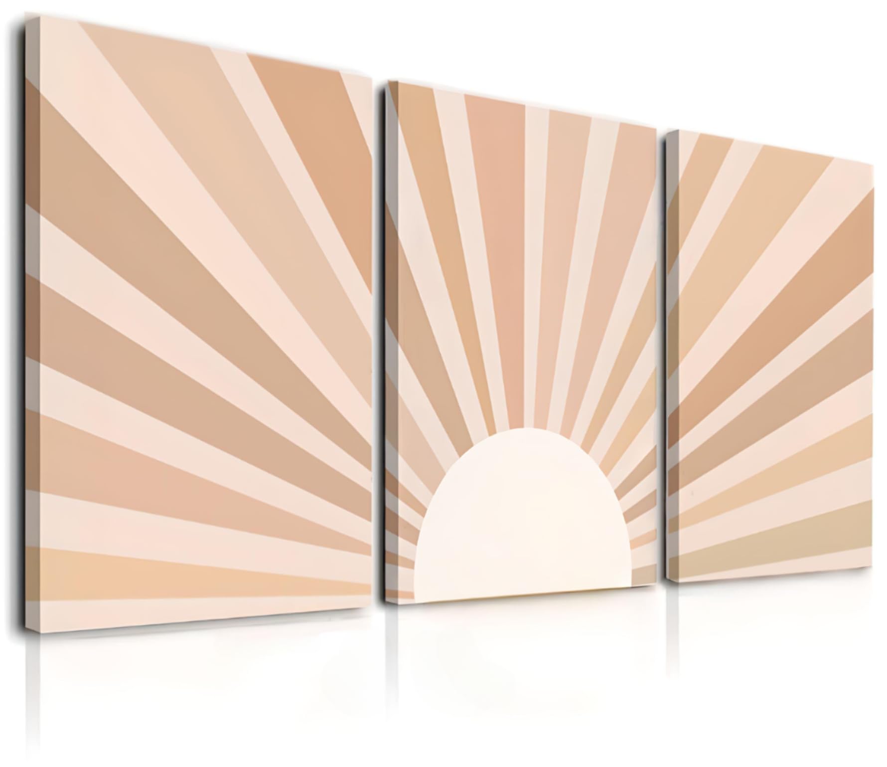 Boho Sun Wall Art Set of 3, Mid-Century Modern Framed Canvas of Sunrise, Nature Geometric Line Art Print for Living Room, Bedroom, Bathroom, Office Decor (3x12 x16)