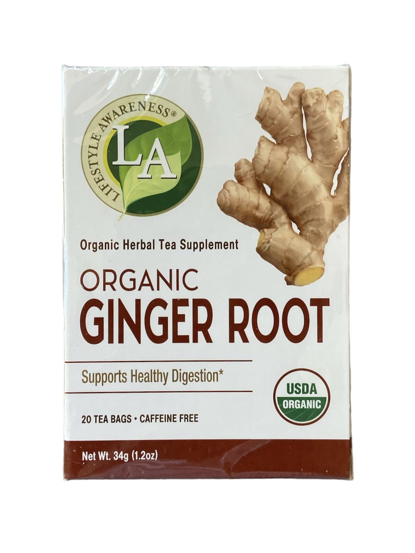 Lifestyle Awareness Teas, Caffeine Free Organic Ginger Root Tea, 20 Count (Pack of 1)