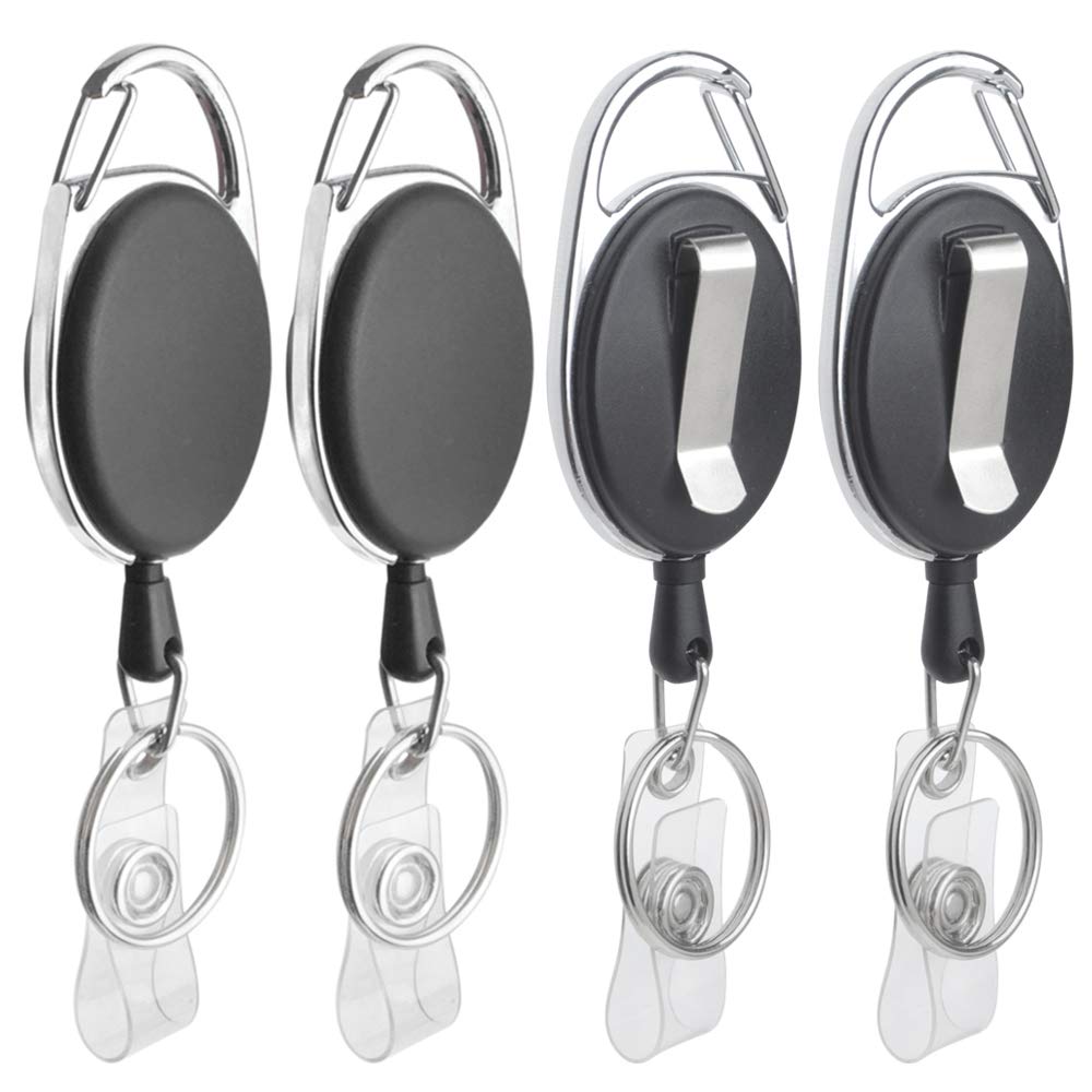 GOGO4 Packs Retractable Keychain Badge Holder with Carabiner Reel Belt Clip and Key Ring, Black