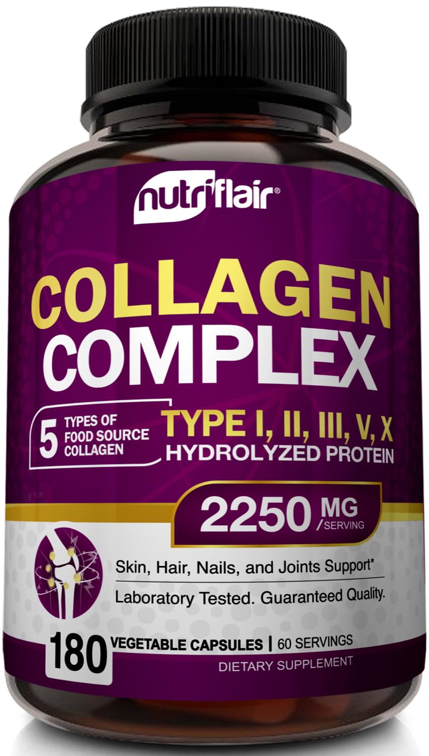 NutriFlair Multi Collagen Peptides 2250mg - Type I, II, III, V, X - Collagen Supplements Complex Powder Pills for Women and Men - Hydrolyzed Protein, Healthy Hair, Skin, Nails - Non-GMO (180 Capsules)