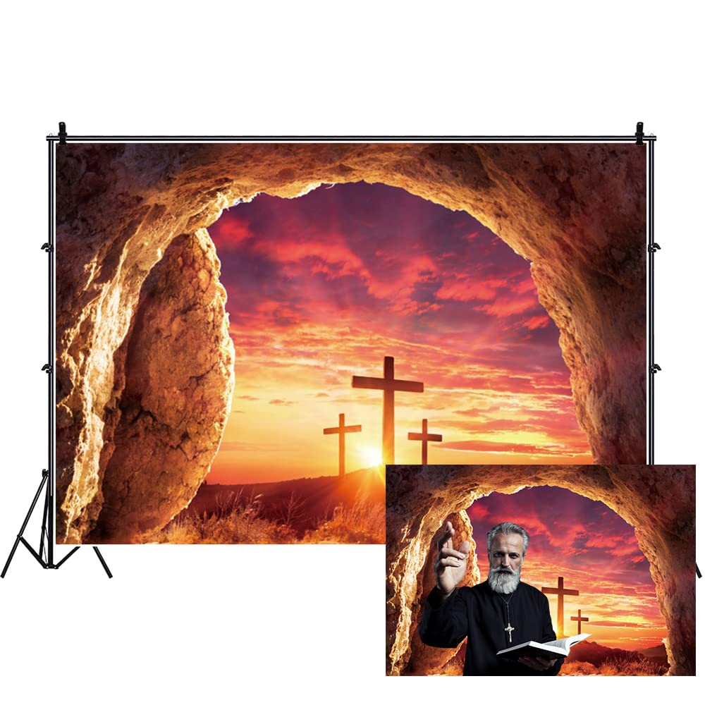 DORCEV 12x10ft Empty Tomb Photography Background Holy-Light Sunset Three Crosses On Mountain Jesus Christ Stone Hole Backdrop Banner Crucifix Christianity Church Events Easter Decor Studio Props