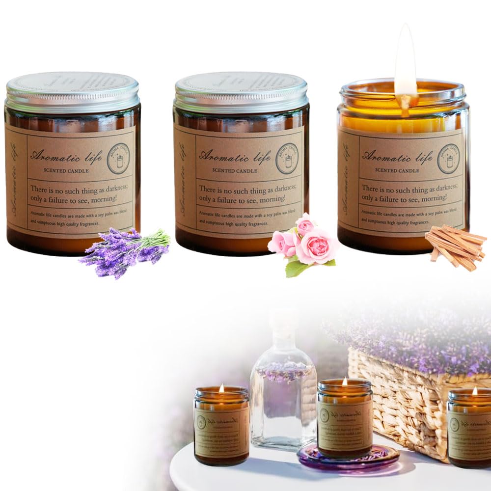 Aromatherapy Candle Set Soy Wax Scented Candles Large Brown Jar Candle 3 Pack Long Burning Time Lasting Fragrance for Home Scented Aromatherapy Festival Gifts Set- Lavender Sandalwood Rose Scents