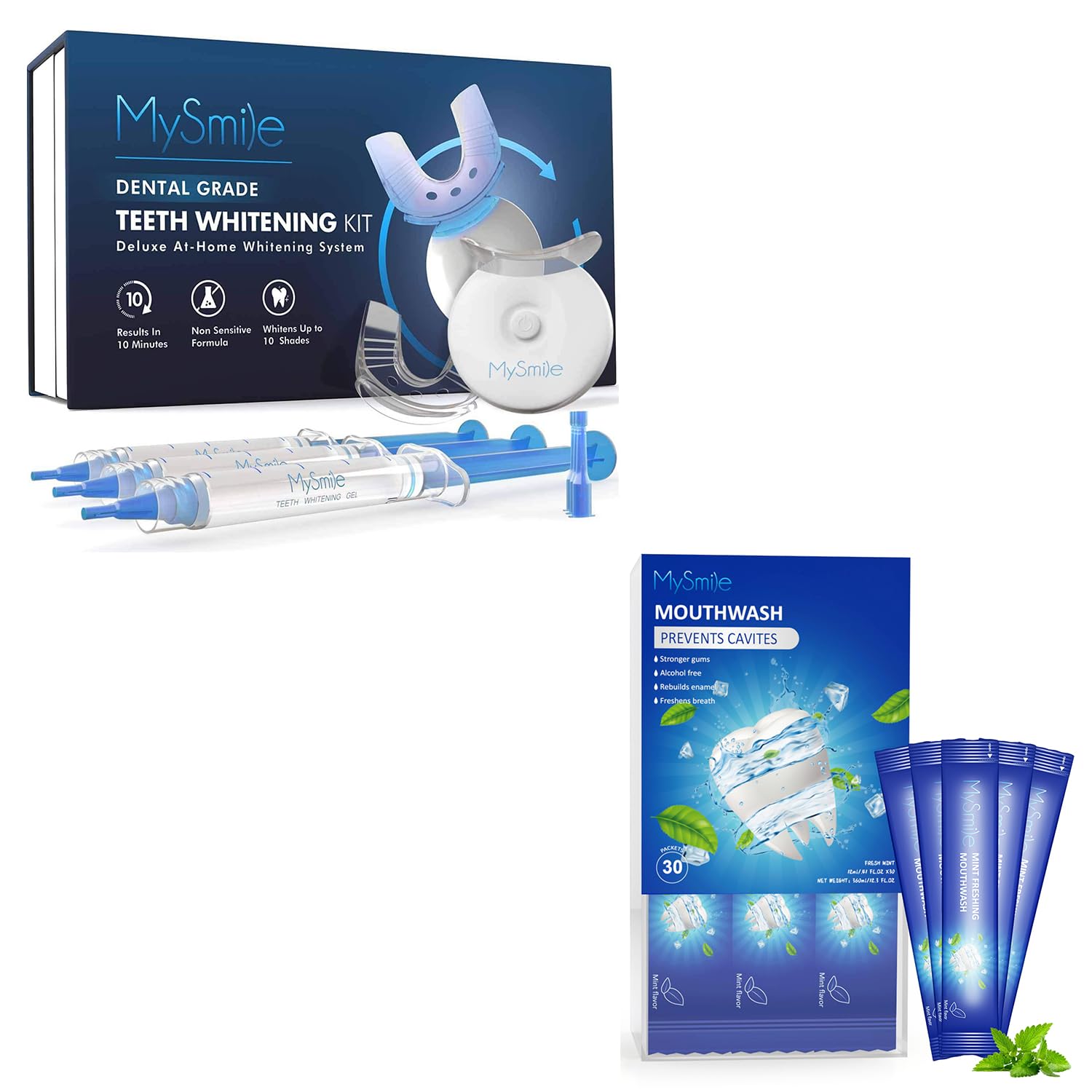 MySmile Teeth Whitening Kit with LED Light Mouthwash Alcohol Free, Mouth Wash for Adults, Prevents Cavities, Fluoride Free, Fresh Mint, 30 Uses