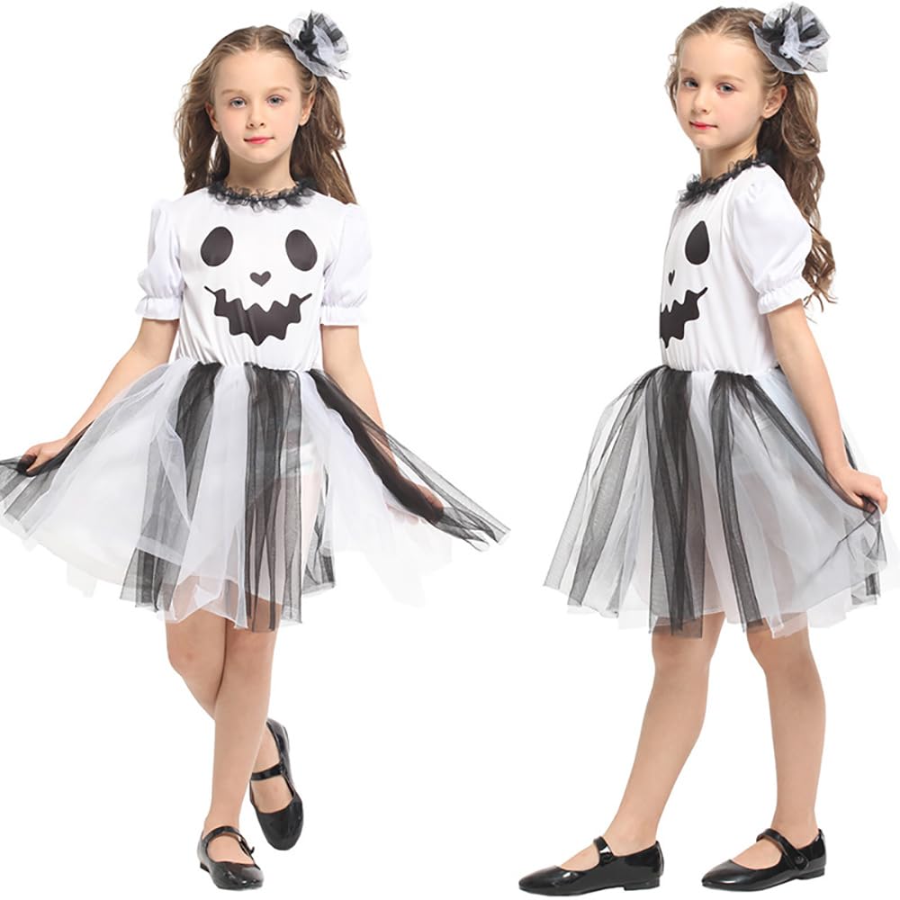 Kids White Ghost Dress，Toddlers Halloween Elf Costumes with Headdress,Evil Smile Printed Ghost Cospaly Role Play Dress Up