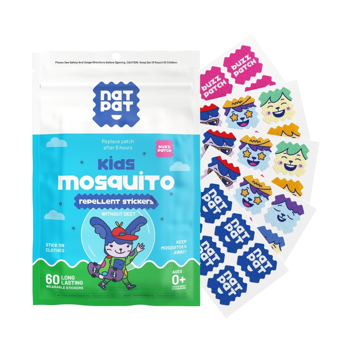 NATPAT Buzz Patch Mosquito Patch Stickers for Kids (60 Pack) - The Original All Natural Citronella Essential Oil Insect Patch, Plant Based Ingredients, Non-Toxic, DEET Free, for Toddlers, Kids