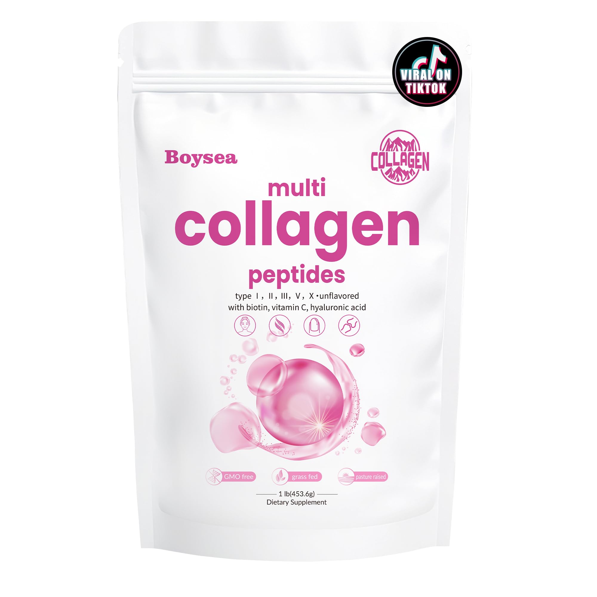 Boysea.Multi-Collagen Peptides Powder - Hydrolyzed Protein Peptide Types I, II, III, V, X with Biotin & Vitamin C, Supports Skin, Hair, Nail, and Joint, Unflavored, Non-GMO, Gluten-Free, Easy Mix 1LB