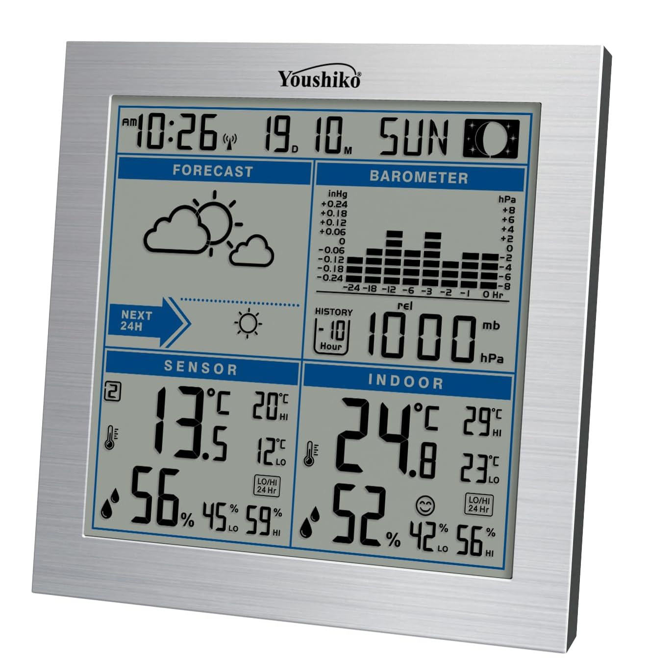 Youshiko Large Wireless Weather Station, Radio Controlled Clock (2024 UK Version), Indoor Outdoor Temperature Thermometer, Humidity, Barometric Pressure, Maximum & Minimum with 24 Hour Auto Reset