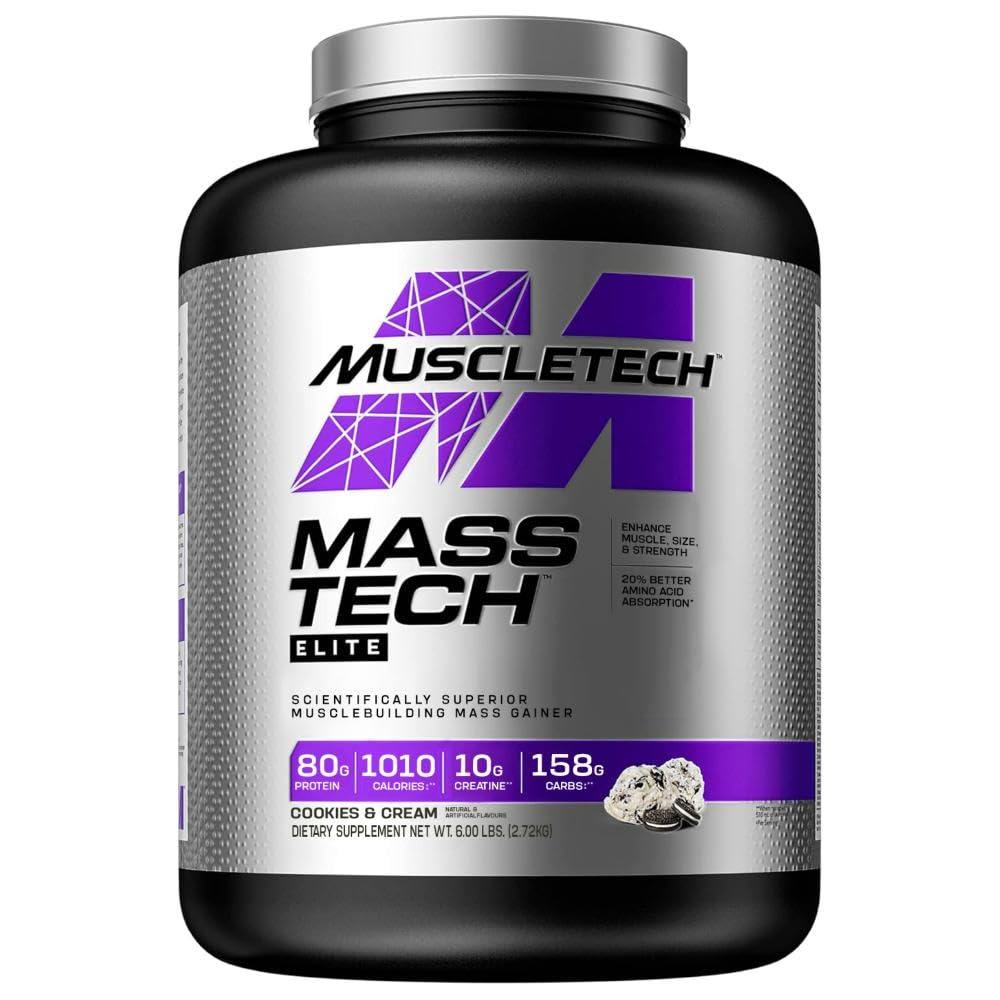 MuscletechMass Tech Elite Muscle Building Mass Gainer Enhance Muscle Size & Strength with 20% Better Amino Acid Absorption, Protein, Creatine, BCAAs, Calories & Carbs, Cookies & Cream Flavor 6.00 lbs