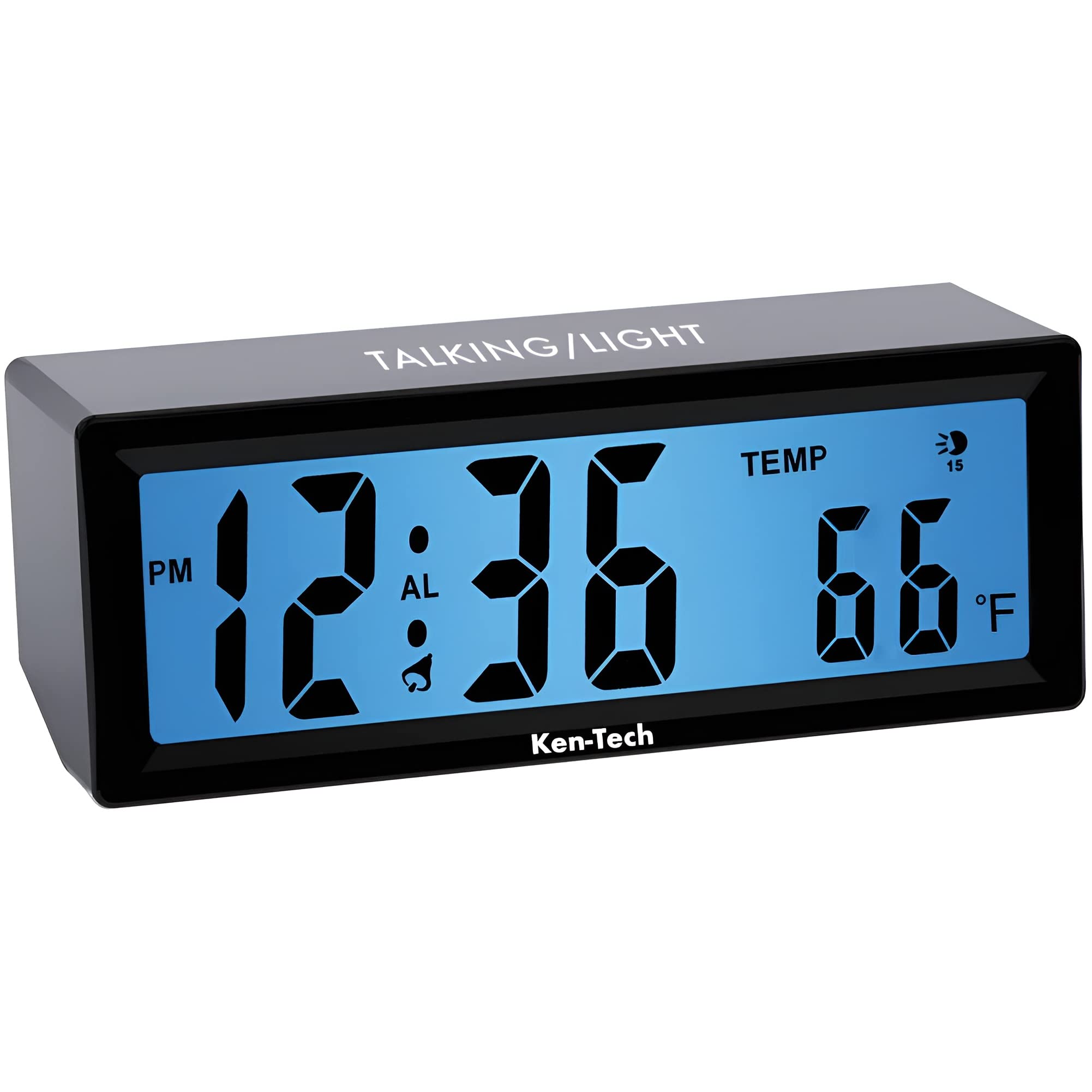 Sonnet Talking Alarm Clock for Visually Impaired, Elderly People, Blind, Hourly Voice Notifications, Blue Backlight Large Display Shows Time and Temperature, Loud for Heavy Sleepers by Ken-Tech, Black