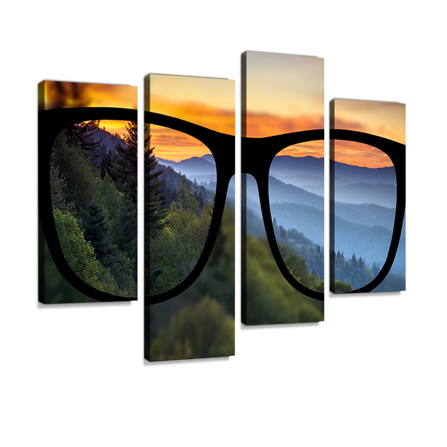 Weone Artwork Myopia in Great Smoky Mountains National Park Scenic Sunrise Landscape Canvas Wall Art Hanging Modern Abstract Prints Home Decoration Gift Unique Designed Framed 4 panel, Multicolor