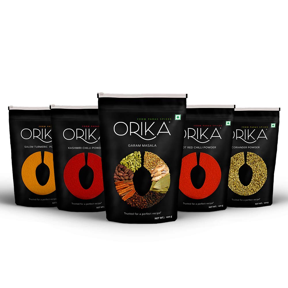 ORIKA Salem Turmeric Powder, Coriander Powder, Hote Red Chilli Powder, Kashmiri Chilli Powder, Garam Masala (Pack of 5, 100gms Each)