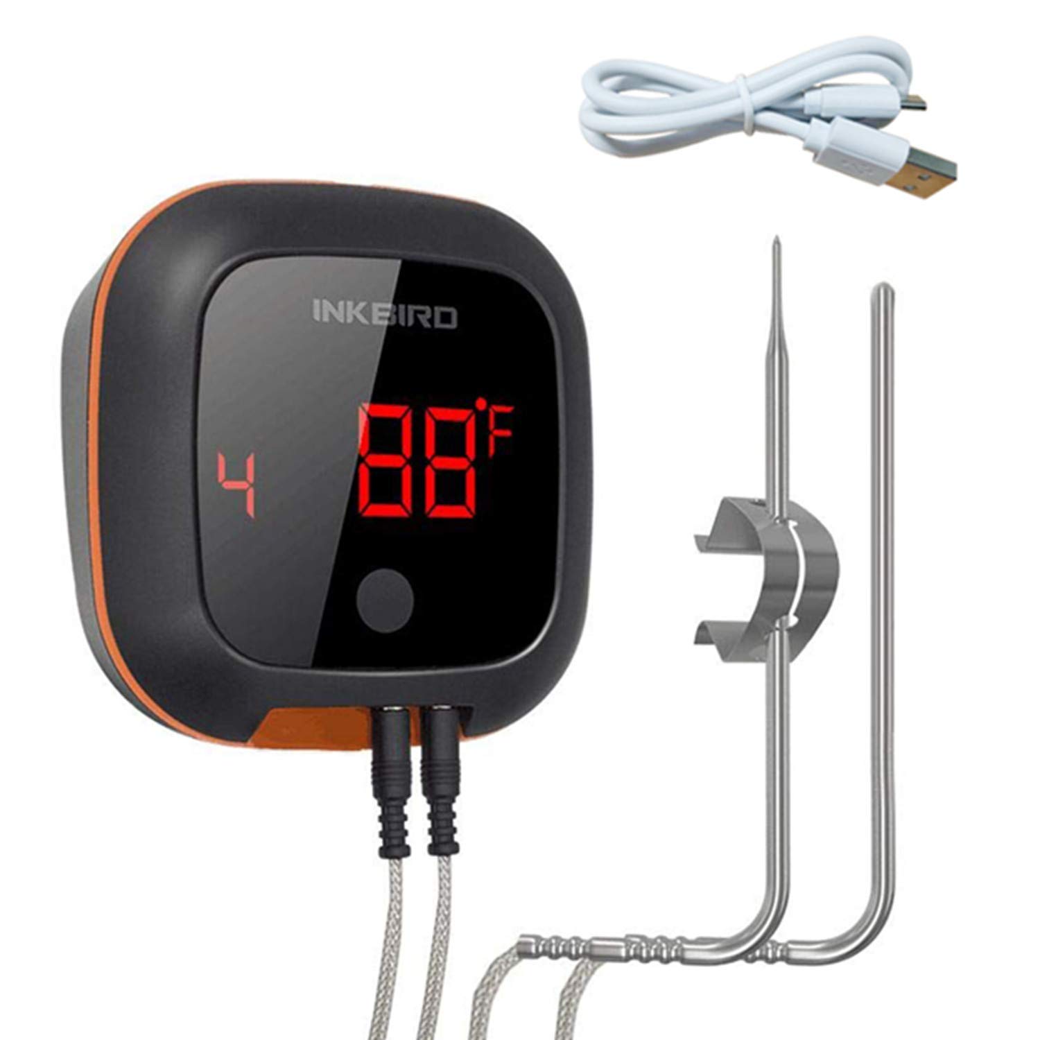 Inkbird IBT-4XS Bluetooth Wireless Digital Cooking BBQ Oven Smoker Candy Grilling Thermometer Timer with Two/Four Probes, 1000mAh Li-Battery and USB Charging Cable (Two Probes)