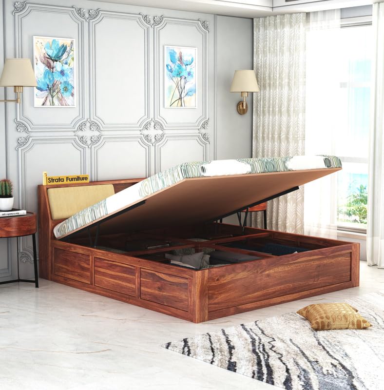 Strata Furniture Sheesham Wood King Size Bed with Hydraulic and Headboard Storage for Living Room Home Bedroom Wooden Double Bed Cot Palang Furniture (Honey Finish)