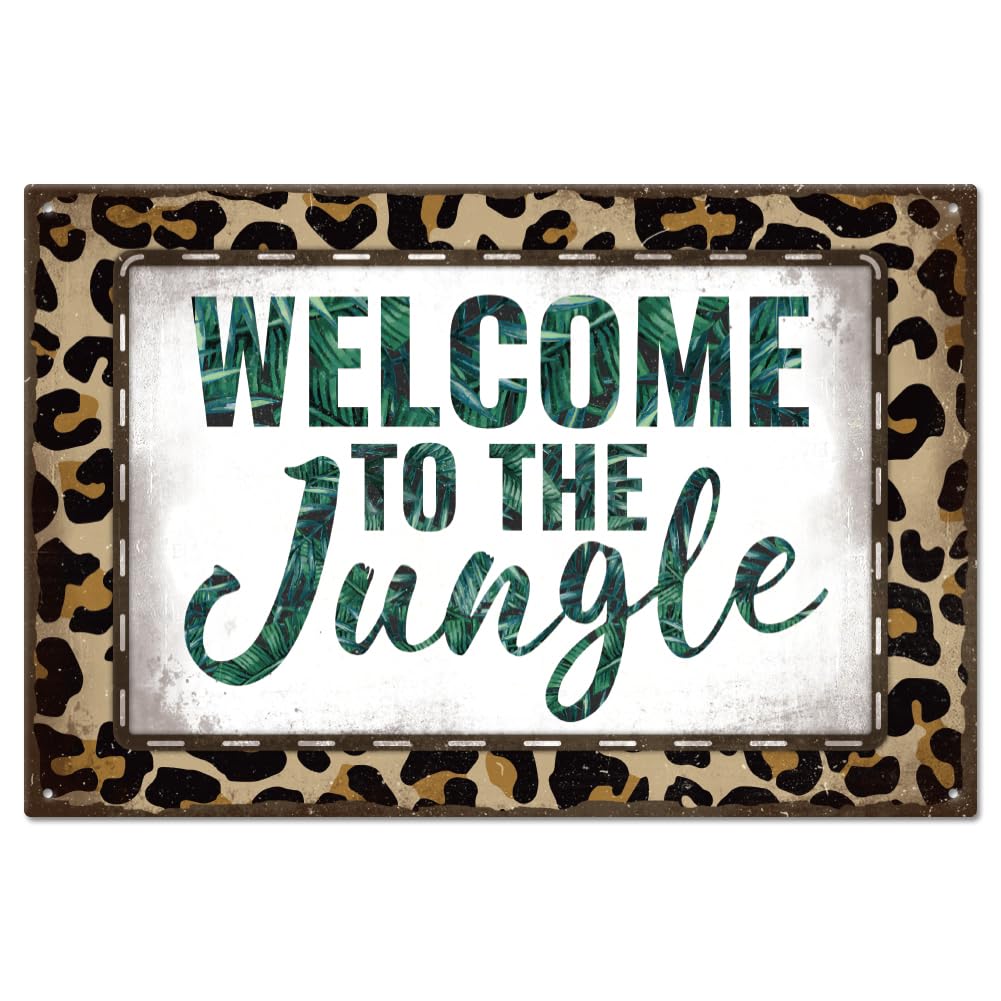 GLOBLELAND Vintage "Welcome To The Jungle" Text Metal Tin Sign For Garage Man Retro Signs Garden Cave Signs Art Plaque Poster Wall Decor for Home Kitchen Bar Club 8×12inch