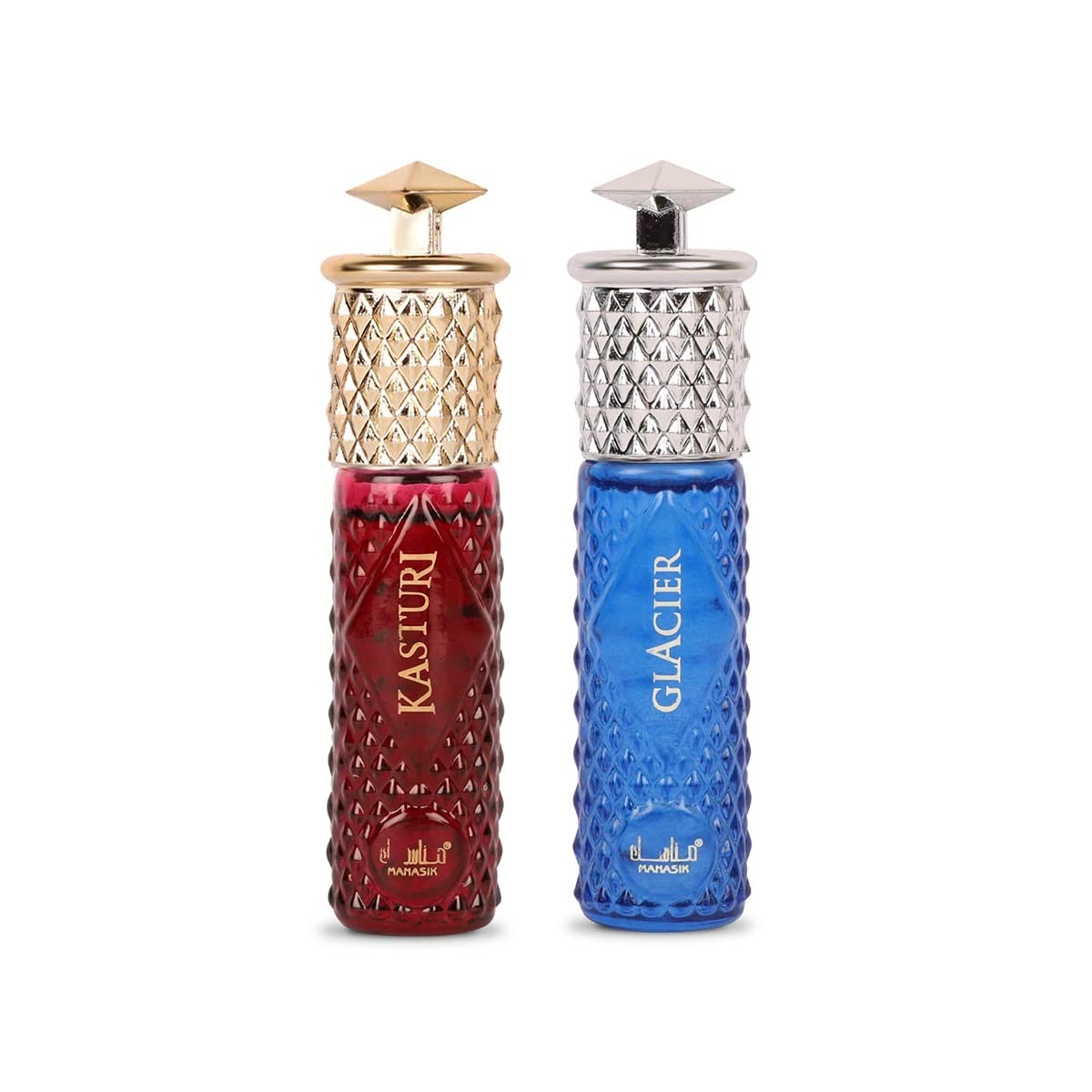 Manasik Set of 2 Alcohol Free Premium Attar, Kasturi For Men & Glacier For Men & Women, Fresh & Soothing Fragrance, Long Lasting Roll on Itra, 6ml Each