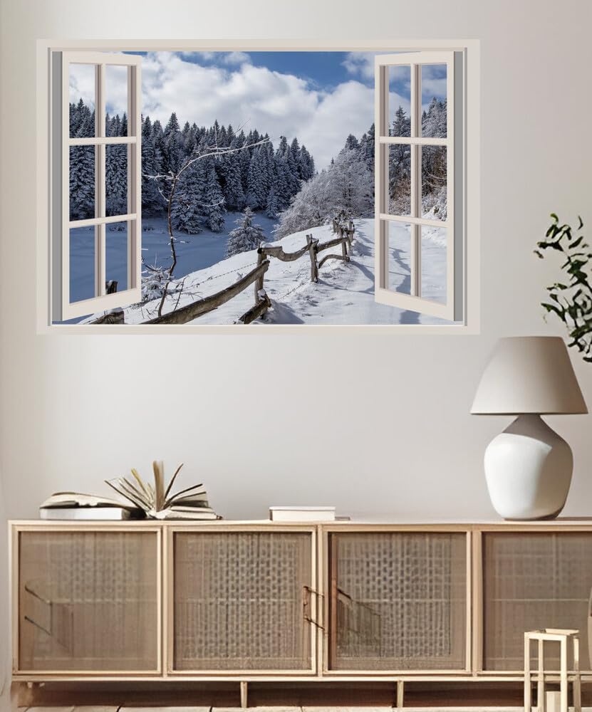 JVERF - JZZA23552 Italy Winter Forests Roads Alta Badia Snow Spruce| Self-Adhesive Open Window Wall Sticker