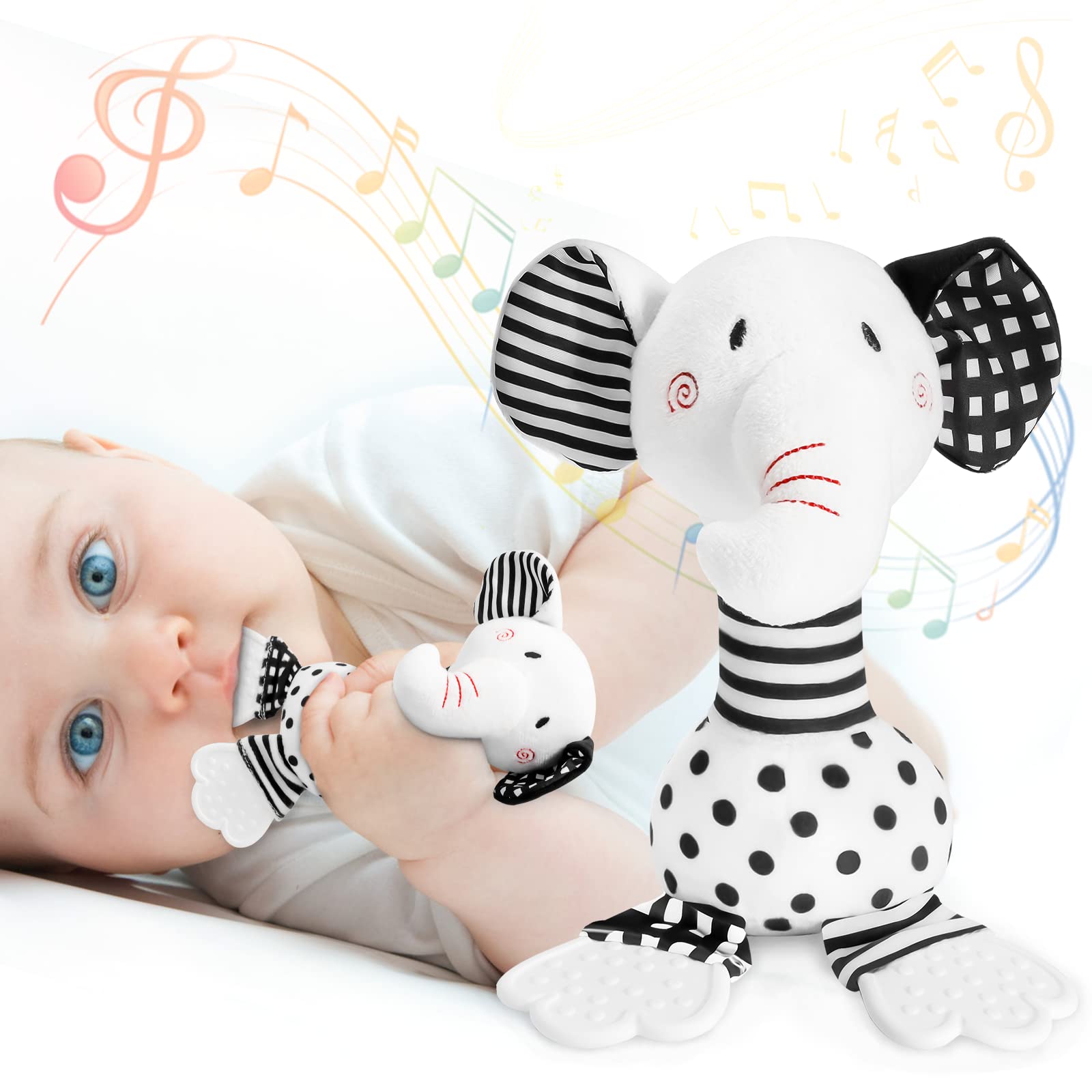 Black and White Sensory Toys - Baby Rattle Toys 0-6 Months Soft Infant Rattle Shaker with Teether Newborn First Animal Early Educational Toy for Toddler 0 3 6 9 12 Months Boys Girls Christmas Gifts