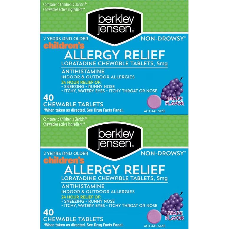 berkley jensenChildren's Allergy Relief Loratadine 80 Chewable Tablets with Grape Flavored, 5mg, 2 Pack of 40 ct