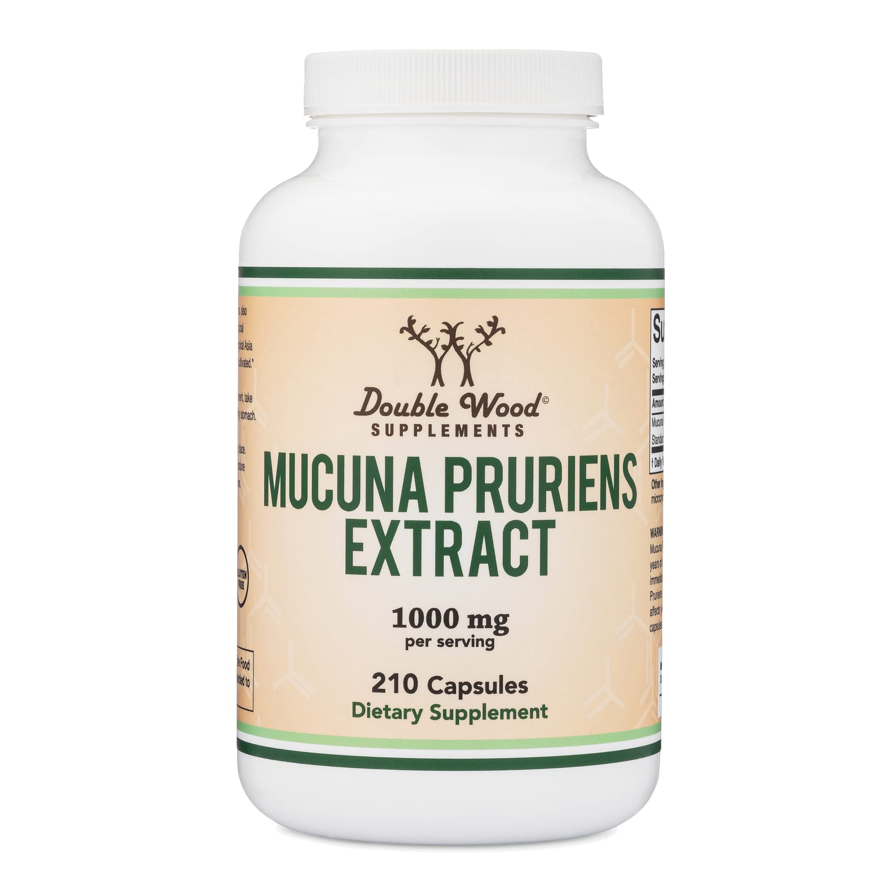 Double Wood Supplements Mucuna Pruriens Extract Capsules - Dopamine Boosting - 210 Count, 1,000mg Per Serving, 20% L Dopa (from Velvet Bean) (for Mood and Motivation Support) Third Party Tested by