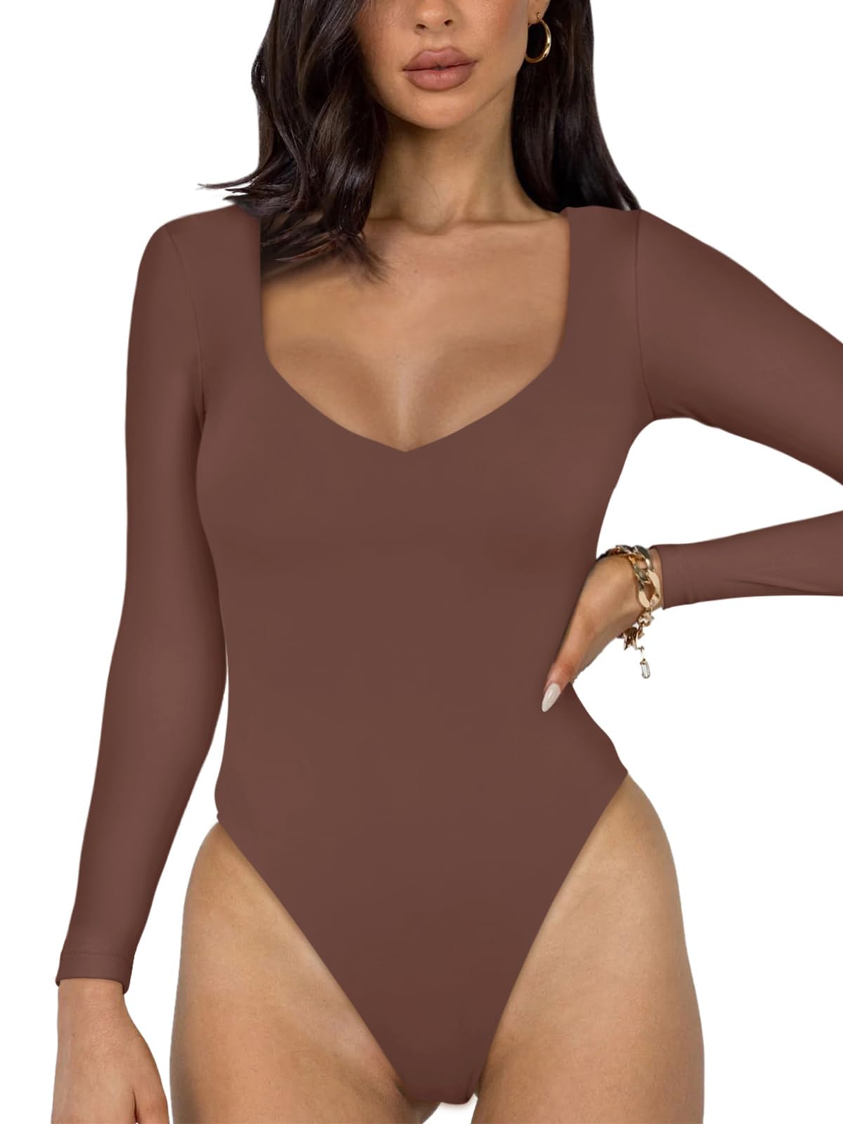 REORIAWomen's Basic Sexy V Neck Double Lined Long Sleeve Slimming Going Out Thong Bodysuits Tops