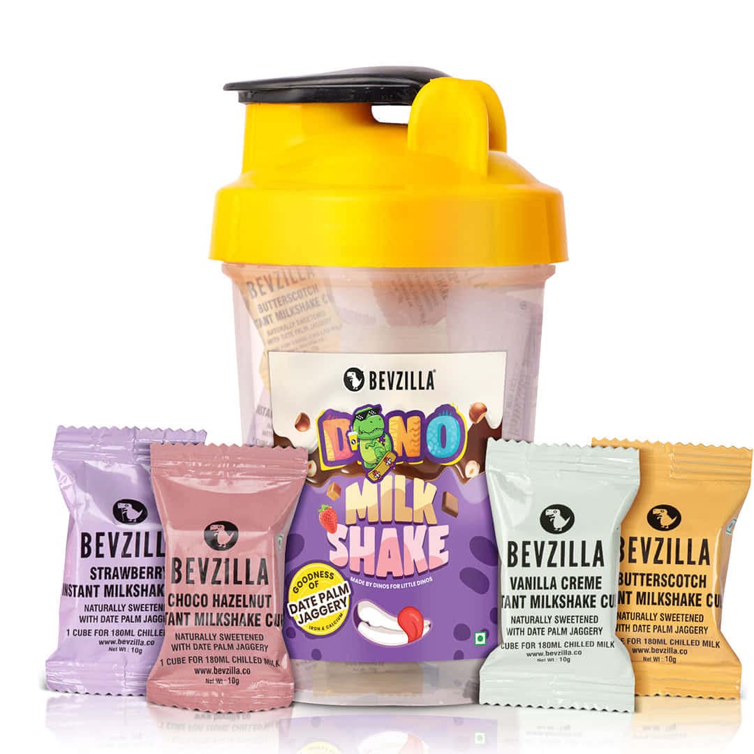 Bevzilla Instant Milkshake Cubes & Bottle Pack With 8 Milkshake Cubes (2 Cubes Each Flavour) | Strawberry, Butterscotch, Choco Hazelnut & Vanilla Creme Flavour | BPA Free Shaker 500 Ml Leak Proof