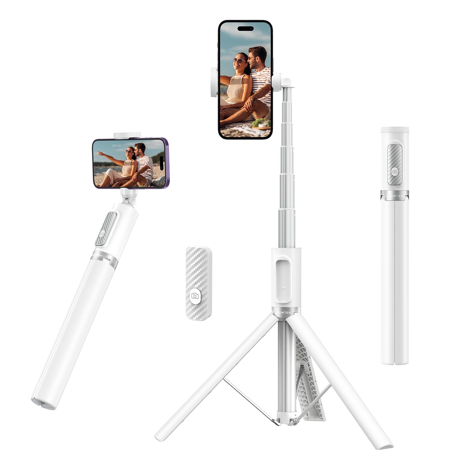 ATUMTEK55" Selfie Stick Tripod, All-in-one Extendable Aluminum Phone Tripod with Rechargeable Bluetooth Remote for iPhone, Samsung, Google, LG, Sony and More, Fitting 4.7-7 inch Smartphones, White