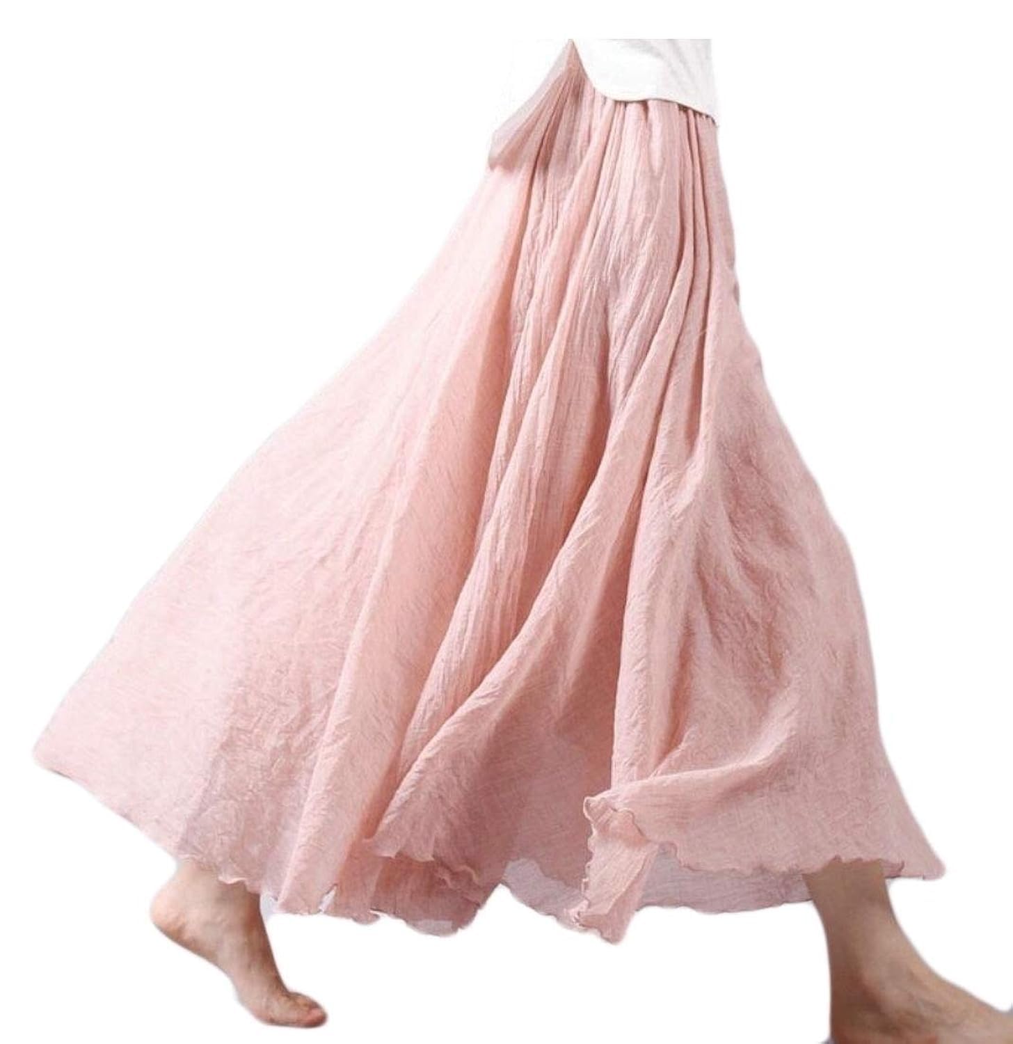 HTOOHTOOHWomen Cotton Linen Maxi Long Skirt Retro Elastic Waist Full Length Skirts 6 OS