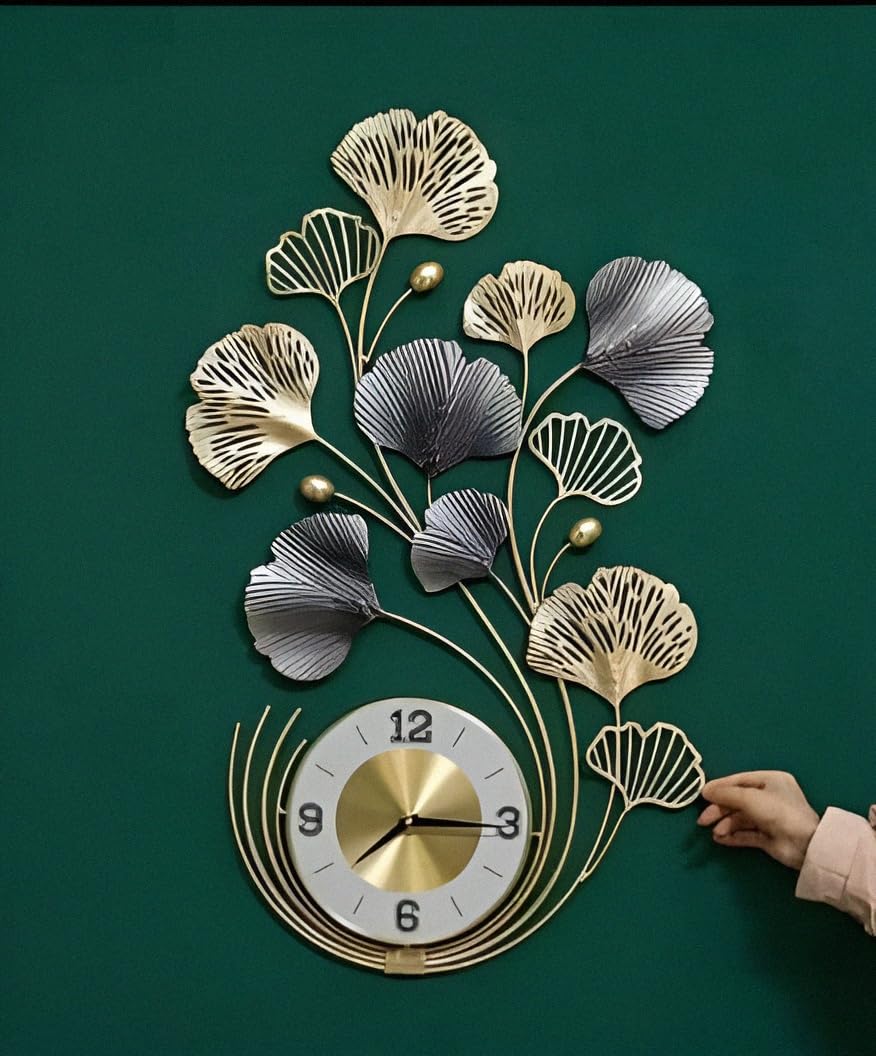 AUK Metals Ginkgo Leaf Metal Wall Clock for Living Room, Bedroom, Kitchen, Dining Room, Office, Home Decor, Gold