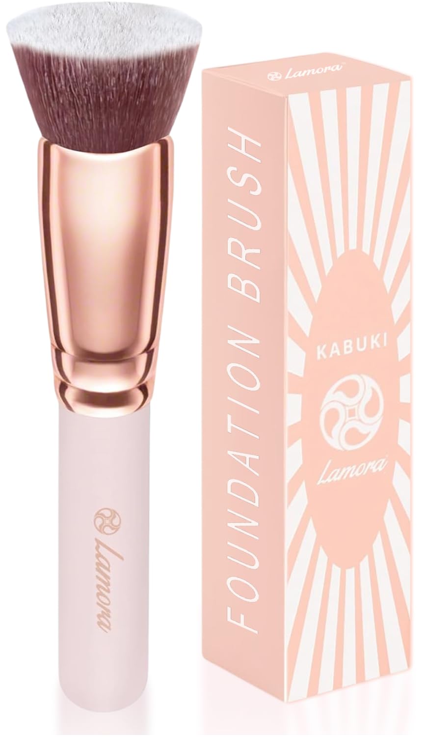 LAMORA Foundation Brush for Liquid Makeup - Kabuki Face Brush for Cream, Powder, Blush, and Concealer - Flat Top Blending, Buffing, Stippling Brush