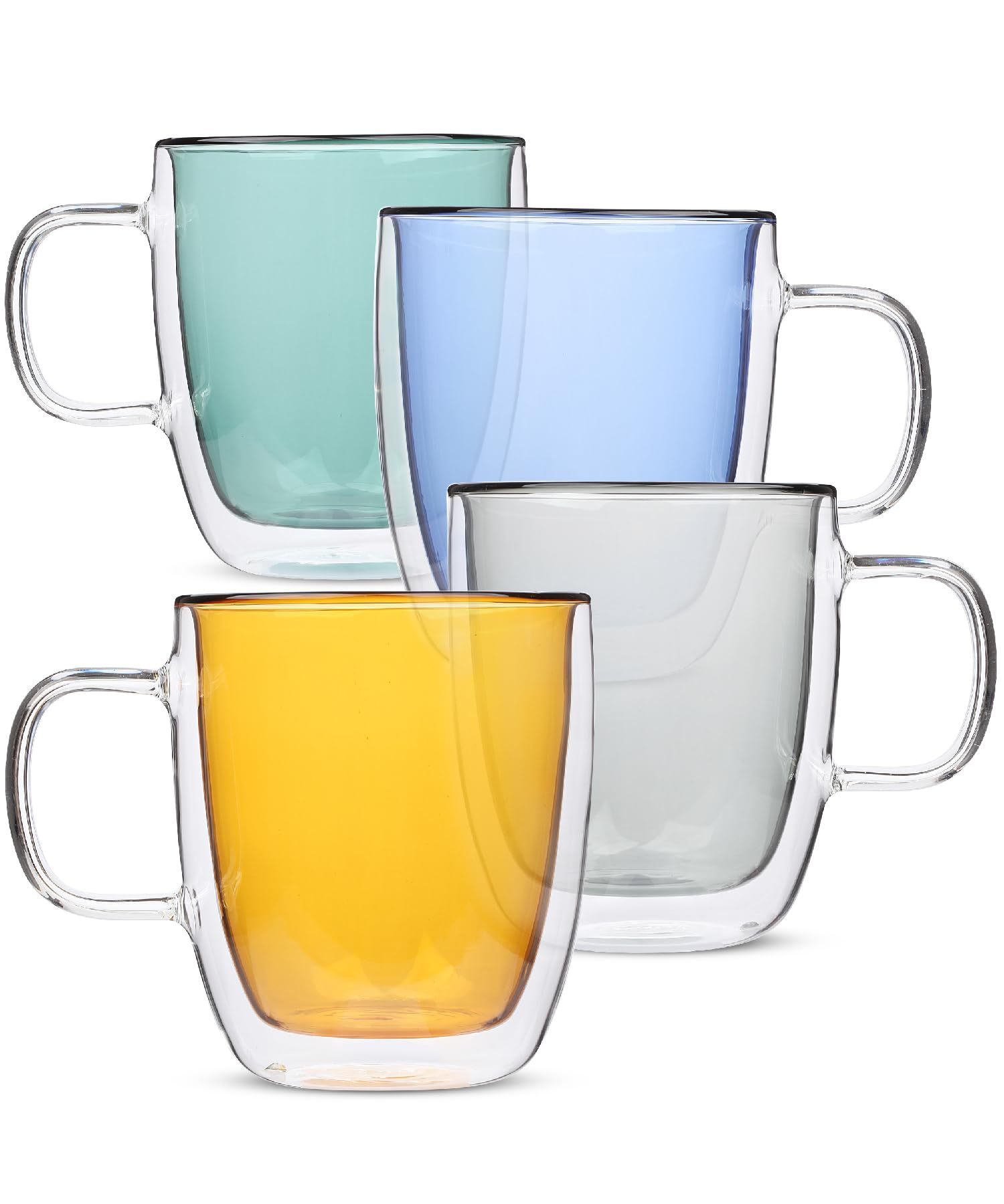 BTaT- Colored Double Walled Glass Coffee Mugs, Set of 4 (12oz, 350ml), Assorted Colors, Colorful Coffee Cups, Insulated Coffee Mug, Double Wall Glass Coffee Cups, Tea Cups