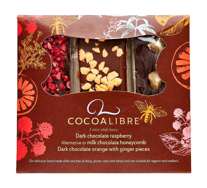 Cocoa Libre Triple Delight - Vegan, Dairy-Free, Nut-Free, Gluten-Free Mini Chocolate Bars - Raspberry, Honeycomb, Orange & Ginger, 120g