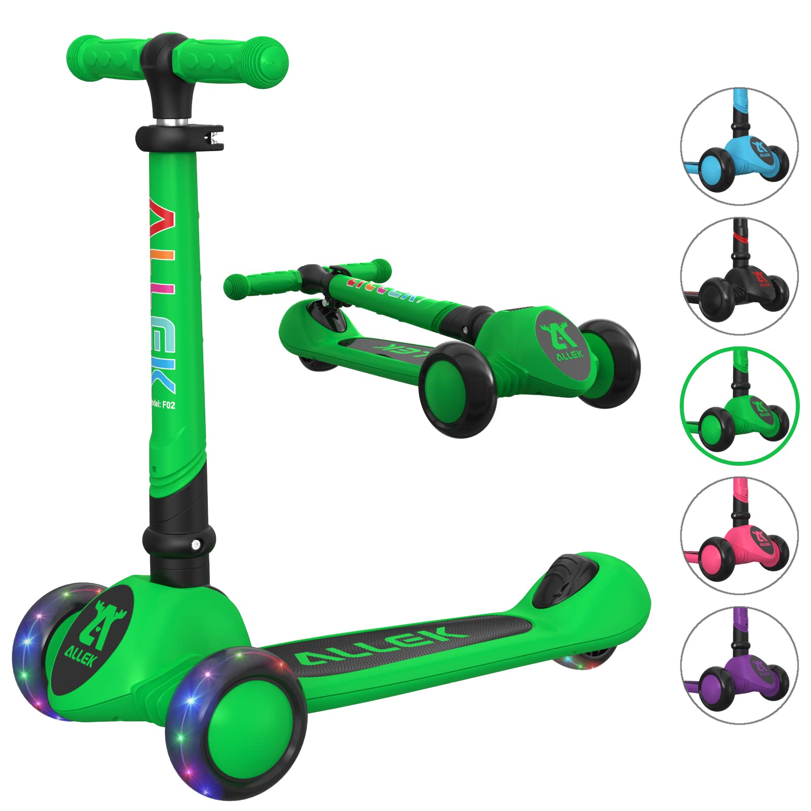 Allek Kick Scooter Foldable F02, 3-Wheel LED Flashing Glider and 4 Adjustable Height with Anti-Slip Thick Deck Push Scooter for Children 3-12yrs